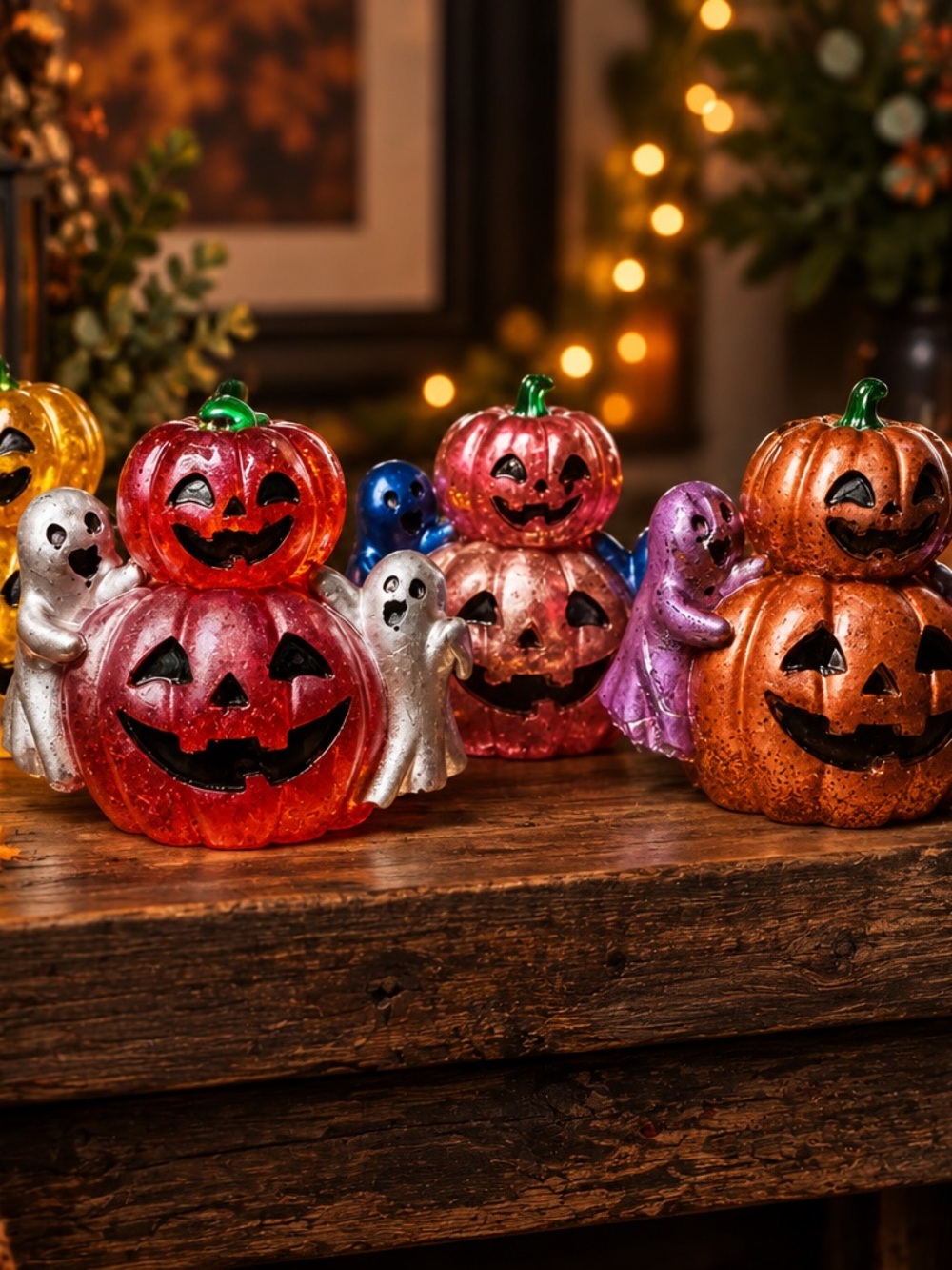 Halloween Glass Pumpkin Stack with Ghost Accent - Festive Orange